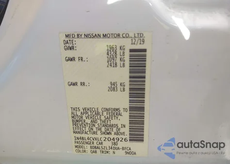 2020 Nissan Altima Sr Fwd из США, поврежденный, VIN 1N4BL4CVXLC204926